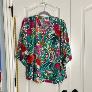 V-Neck Floral Top in Teal Multicolor
